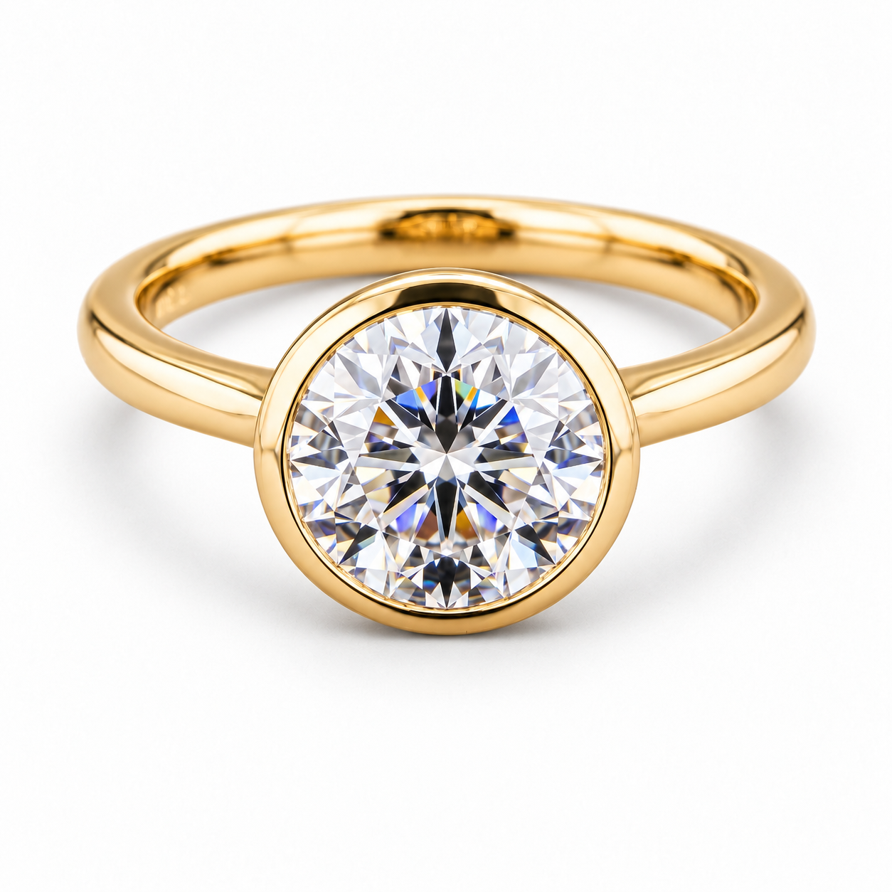 750/- Yellow Lab Grown Bezel Set Solitaire Round Diamond 1 Pcs = 2.00ct D/E VS1-VS2