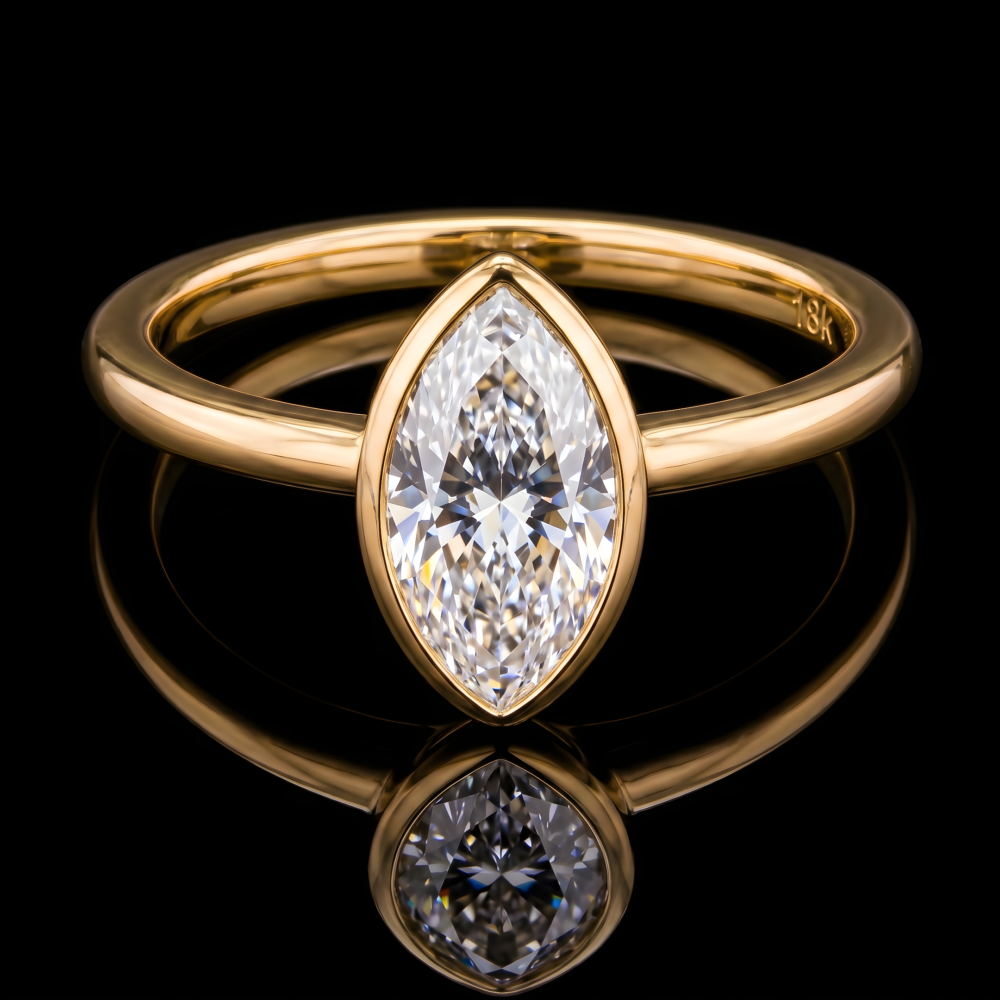 750/- Yellow Bezel Set Solitaire Lab Grown Marquise TDW = 1.50ct D/E VVS-VS