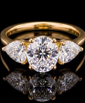 061-00456 — 750/- Yellow Gold 2.50ct Round & Pear Lab-Grown Diamond Trilogy Ring