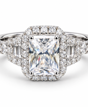 750/- White Lab Grown Radiant Trilogy Halo Ring - TDW 2.75ct