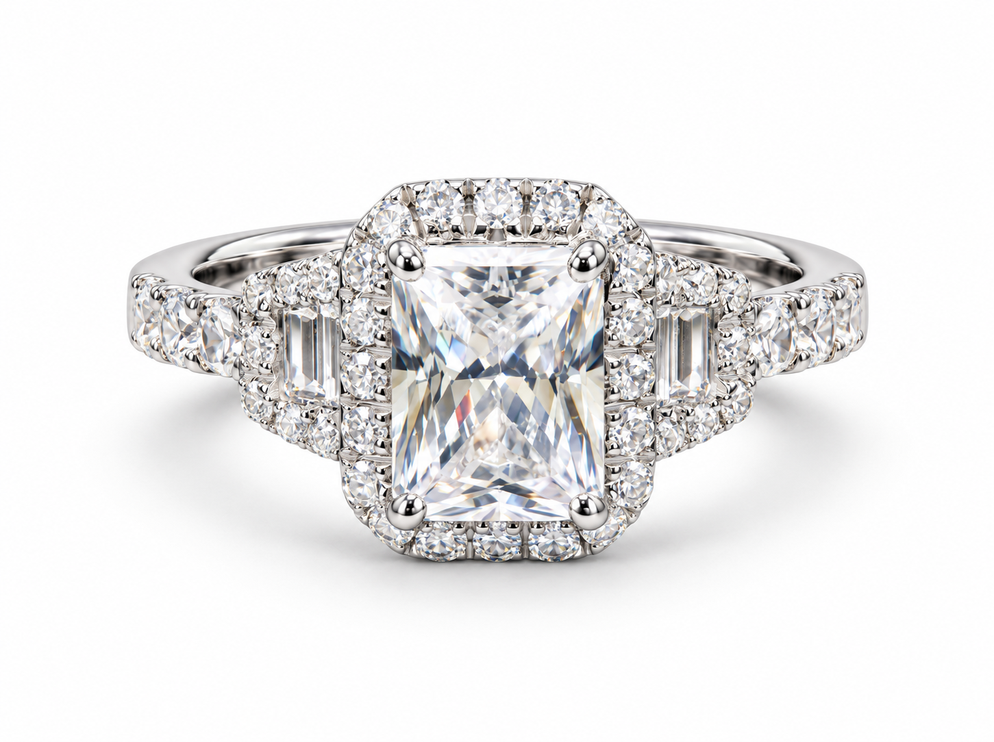 750/- White Lab Grown Radiant Trilogy Halo Ring - TDW 2.75ct