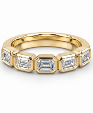 750/- Yellow Lab Grown Bezel Set Emerald Wedding Band 5 Pcs = 1ct Set East To West