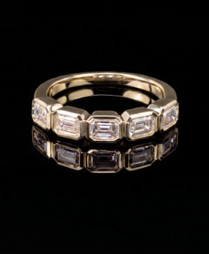 750/- Yellow Lab Grown Bezel Set Emerald Wedding Band 5 Pcs = 1ct Set East To West