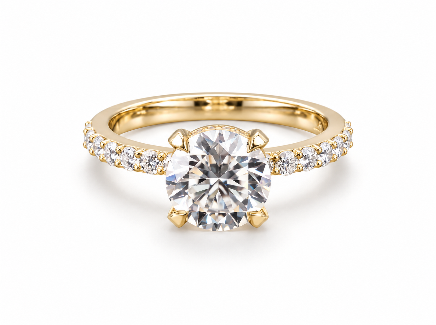 750/- Yellow Lab Grown Diamond Engagement Ring Four Claw Round Centre With Hidden Halo And Diamonds On The Band 1.84ct Centre TDW: 2.31ct D/E VS