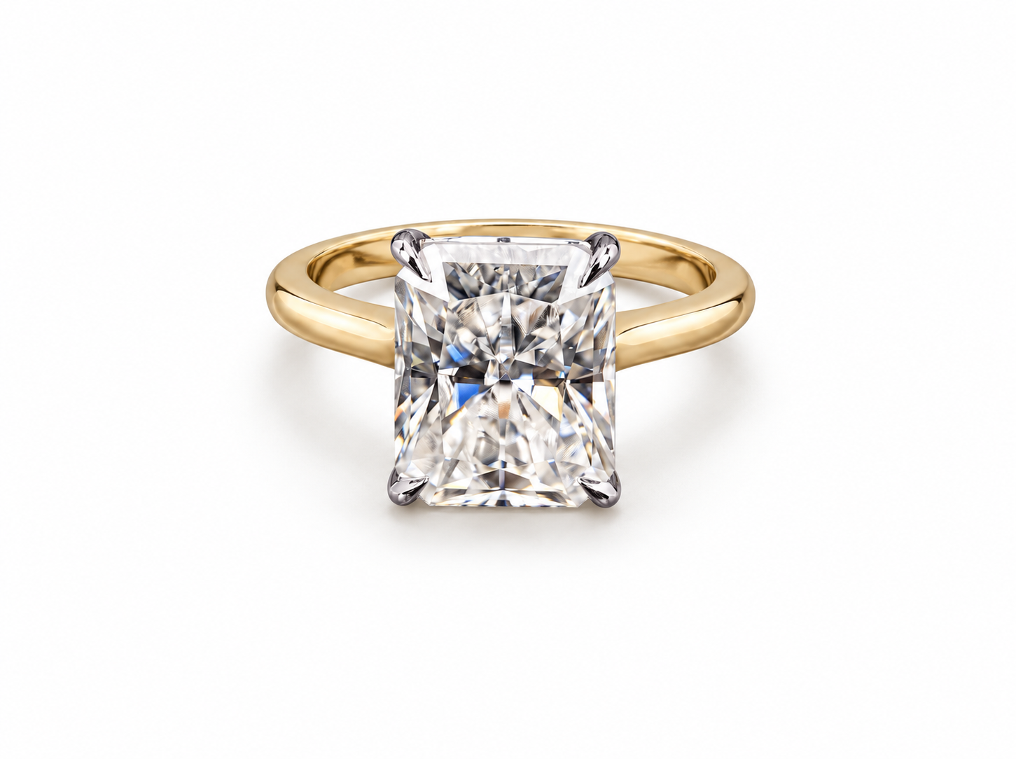 750/- Yellow Band, White Setting Lab Grown Diamond Elongated Radiant 4 Claw Solitaire Enagegement Ring 1 Pcs - TDW: 2.56ct D/E VVS-VS