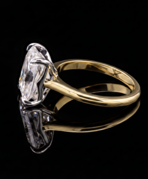 Alternative view of 750/- Yellow Band, White Setting Lab Grown Diamond Elongated Radiant 4 Claw Solitaire Enagegement Ring 1 Pcs - TDW: 2.56ct D/E VVS-VS