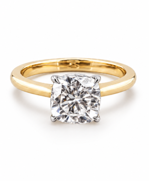 750/- Yellow Band, White Setting Lab Grown Cushion Cut Diamond 4 Claw Solitaire 1 Pcs - TDW: 2.56ct D/E VVS-VS