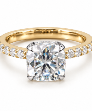 750/- Two-Tone Lab Grown Cushion Centre With Hidden Halo & Diamonds On The Band - TDW 3.08ct