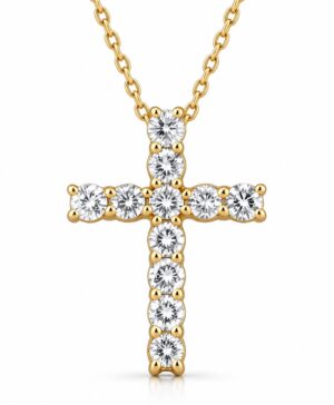 375/- Yellow Lab Grown RBC EF VS 11 = 0.35ct Clawset Silver Cross Pendant With Chain