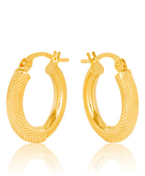 10OBC604-99 375/- 9Y Round 10mm Diameter Half Mesh Half Plain Hoop Earring