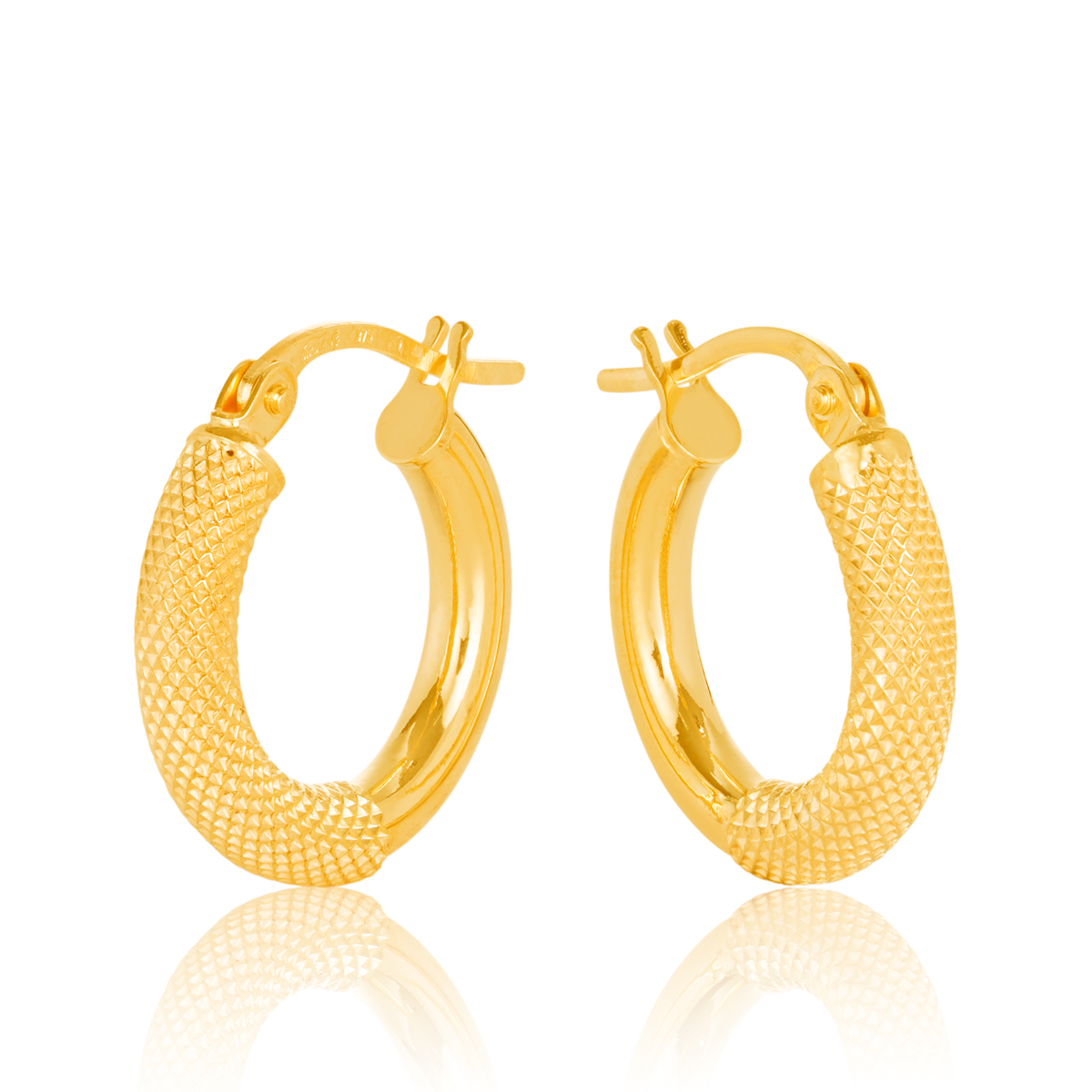 10OBC604-99 375/- 9Y Round 10mm Diameter Half Mesh Half Plain Hoop Earring