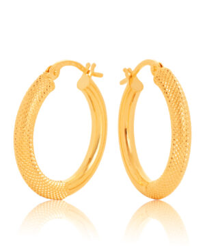 15OBC604-99 375/- 9Y Round 15mm Diameter Half Mesh Half Plain Hoop Earring
