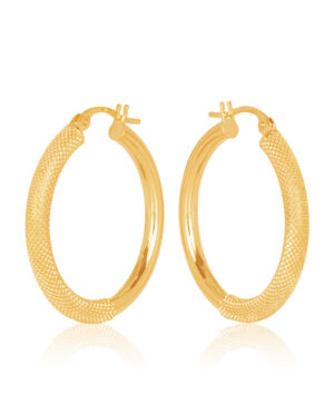 20OBC604-99 375/- 9Y Round 20mm Diameter Half Mesh Half Plain Hoop Earring